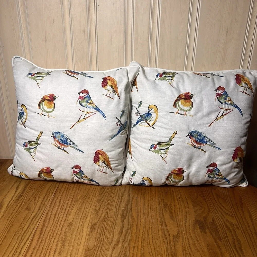Set of 2 Colorful Bird Print Throw Pillows 18x18 Cottagecore Farmhouse Decor